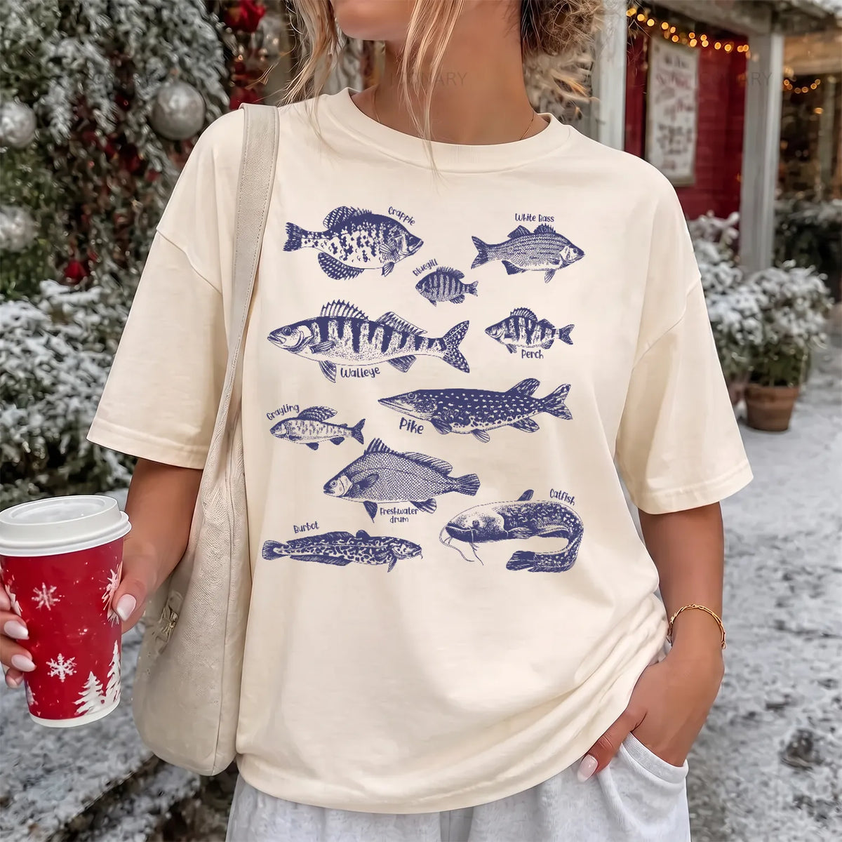 Purple Fish Species T-Shirt Women model in Ivory