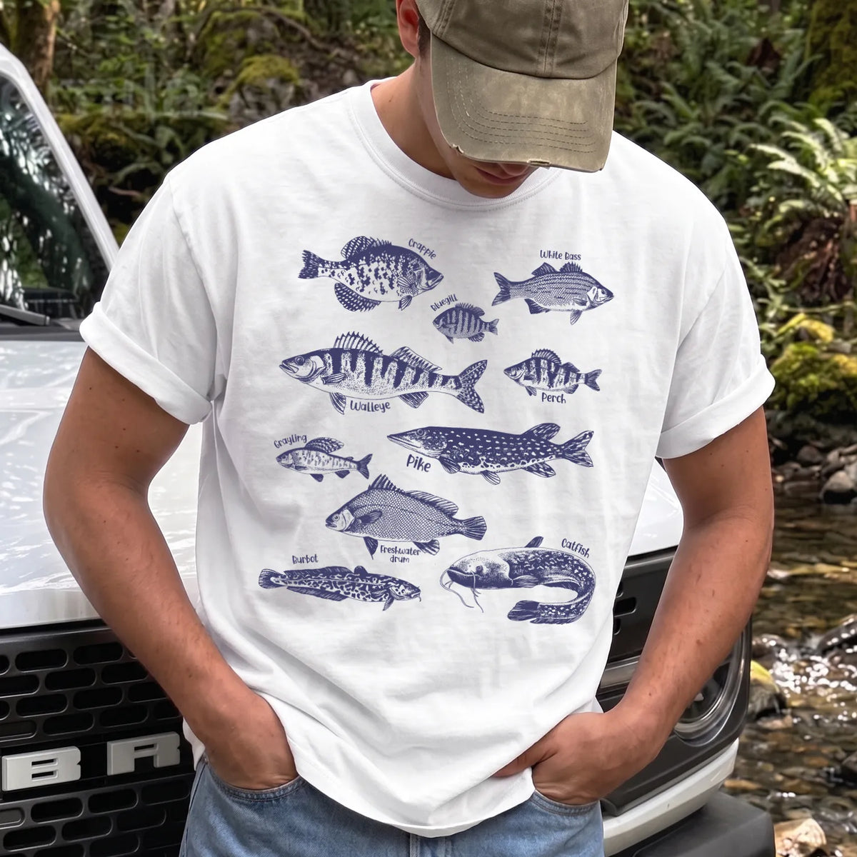 Purple Fish Species T-Shirt Men model in White