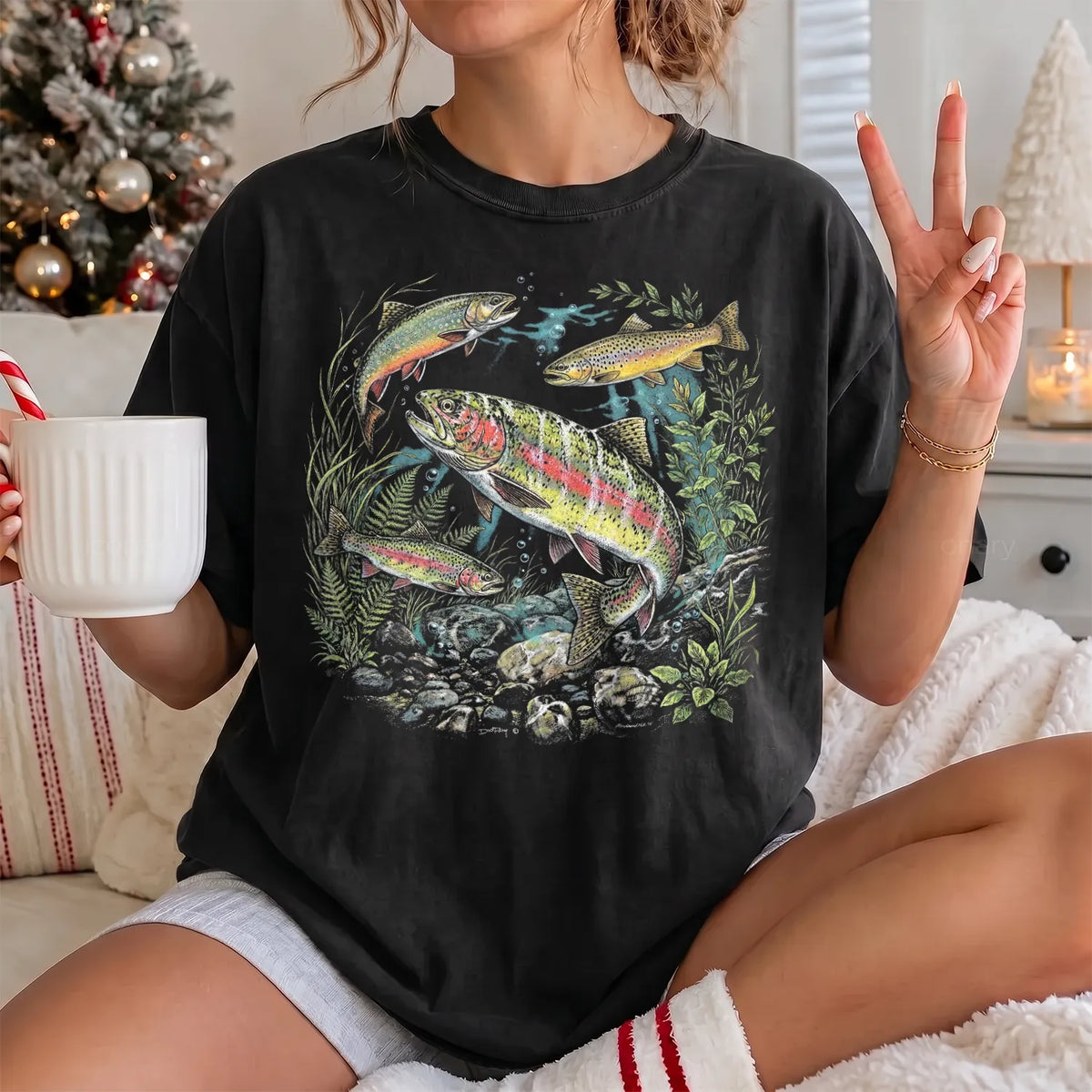 Rainbow Trout River Wildlife T-Shirt Women model in Black