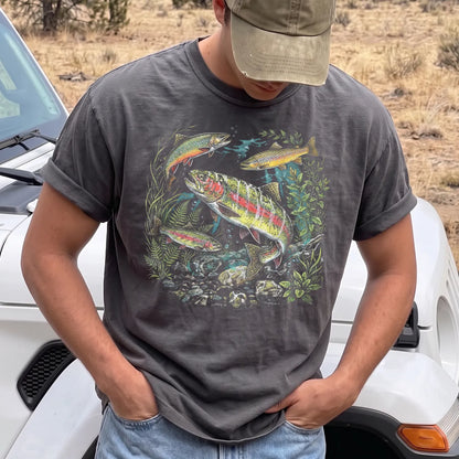 Rainbow Trout River Wildlife T-Shirt Men model in Pepper