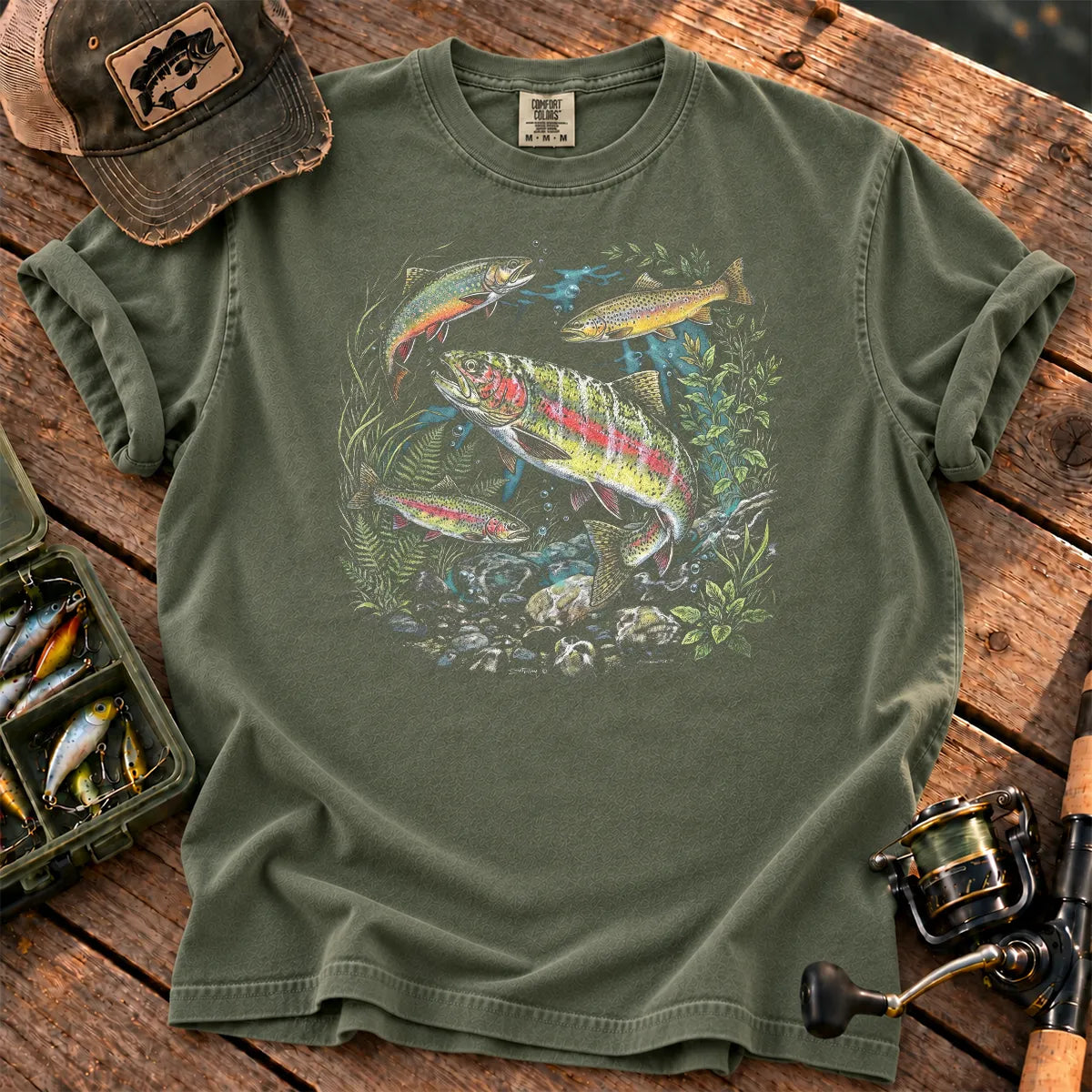 Rainbow Trout River Wildlife T-Shirt in Moss