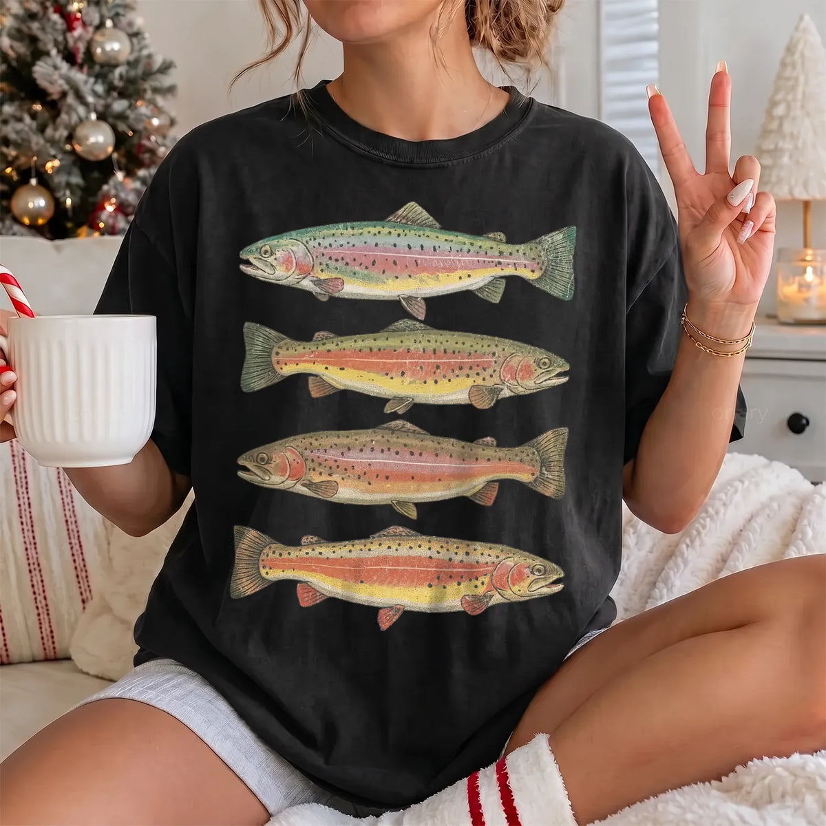 Rainbow Trout Row T-Shirt Women model in Black