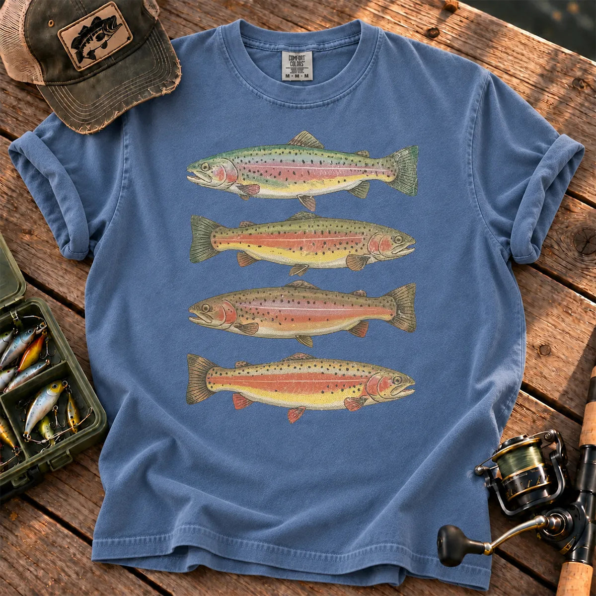 Rainbow Trout Row T-Shirt in Blue Jean
