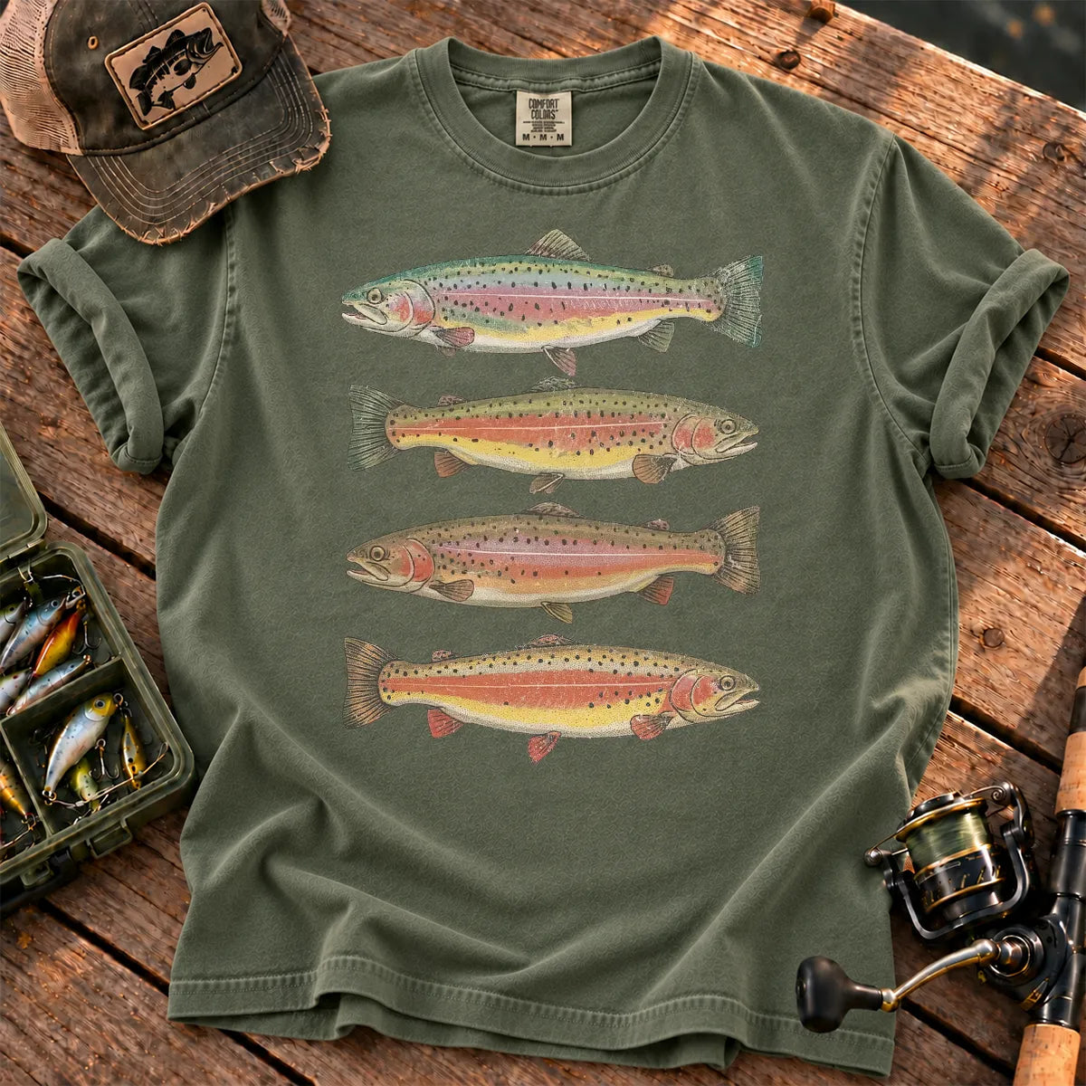 Rainbow Trout Row T-Shirt in Moss