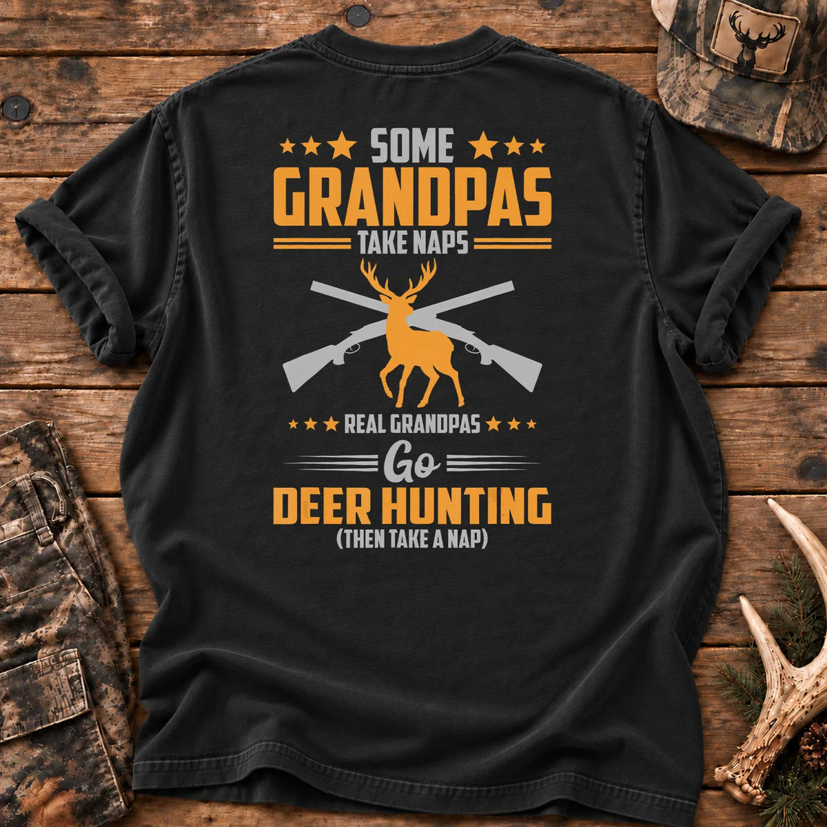 Real Grandpas Go Deer Hunting T-Shirt in Black