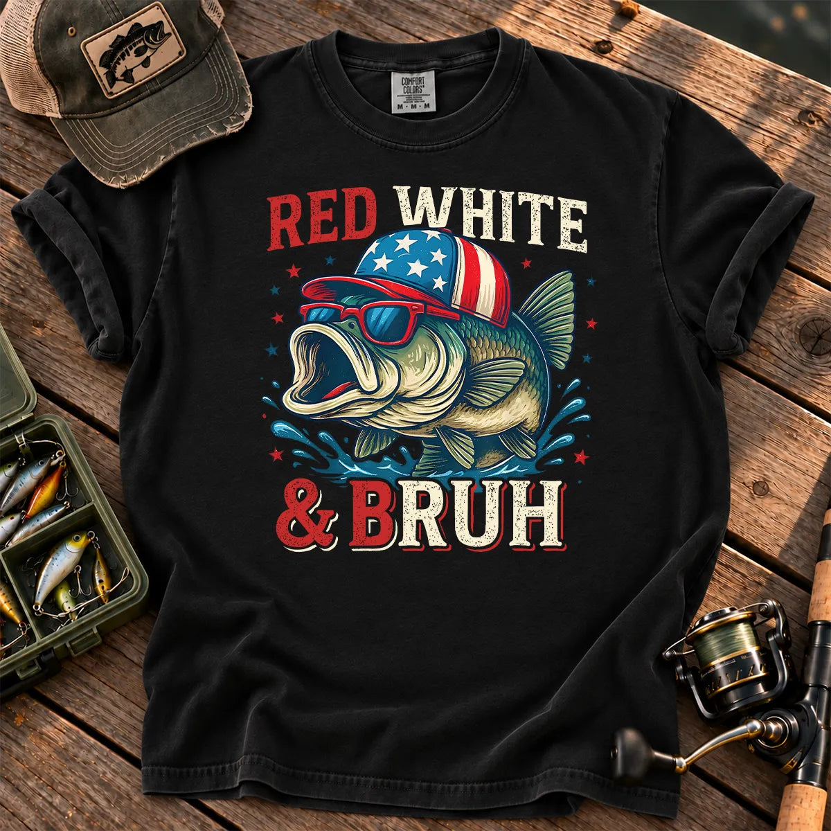 Red White and Bruh Bass T-Shirt in Black