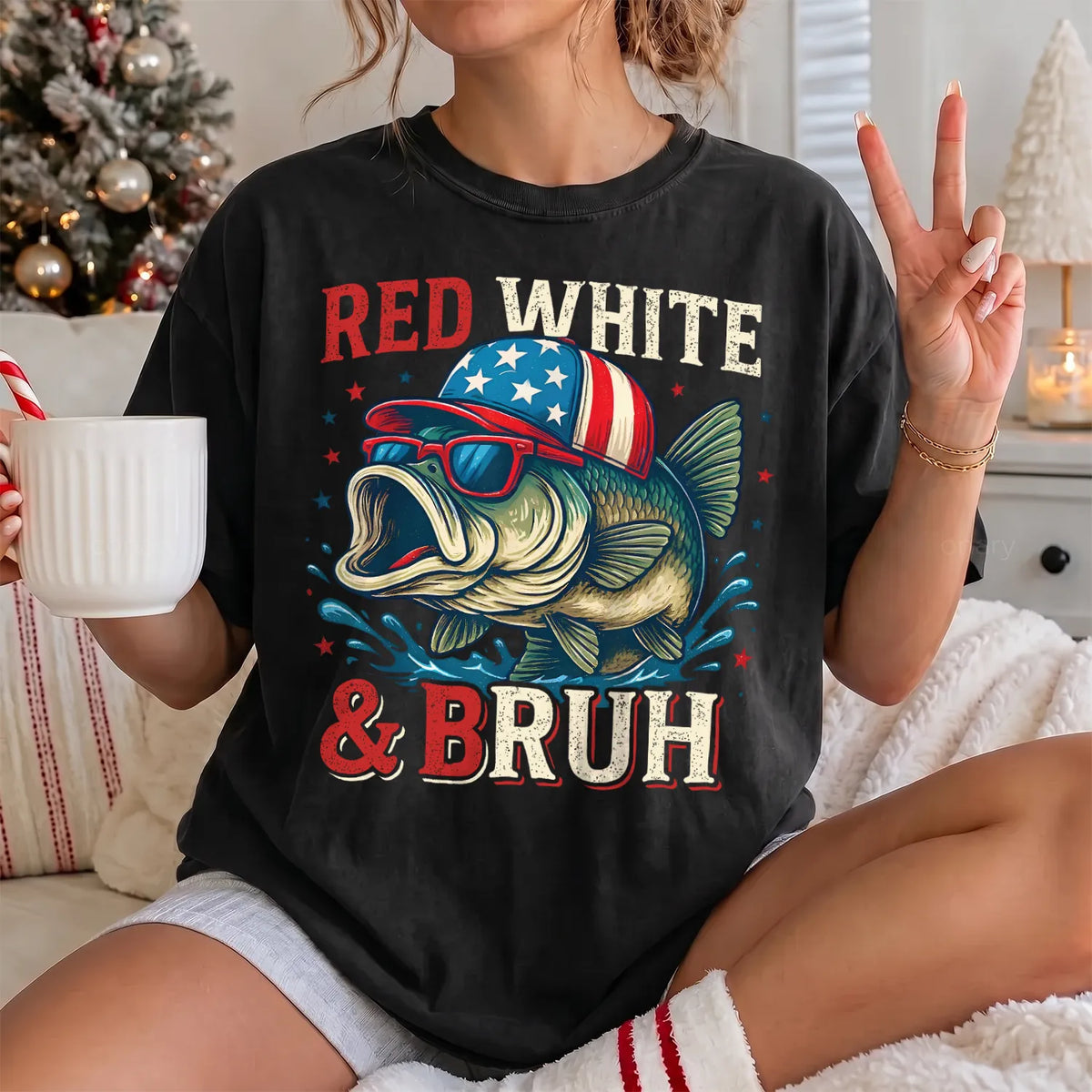 Red White and Bruh Bass T-Shirt Women model in Black