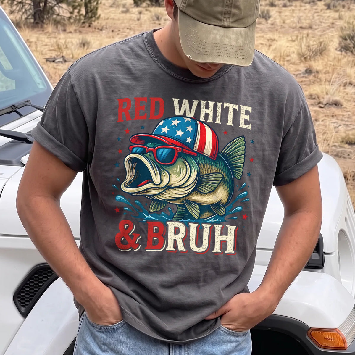 Red White and Bruh Bass T-Shirt Men model in Pepper