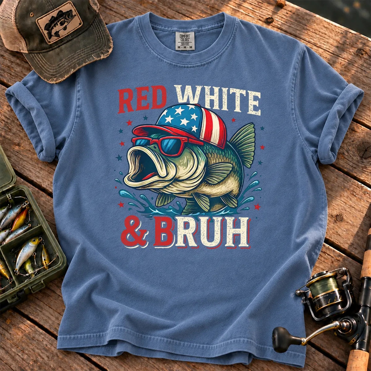 Red White and Bruh Bass T-Shirt in Blue Jean