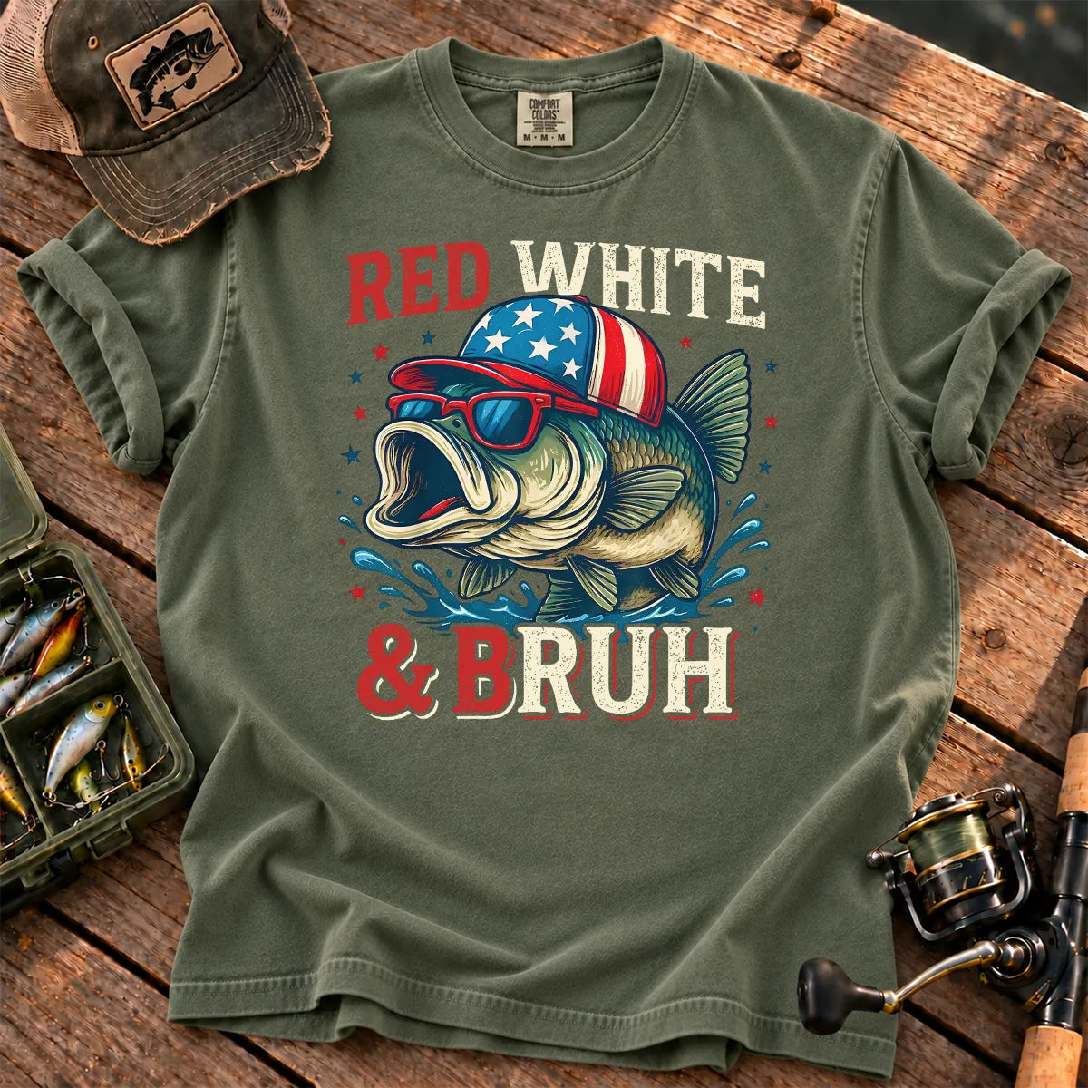 Red White and Bruh Bass T-Shirt in Moss