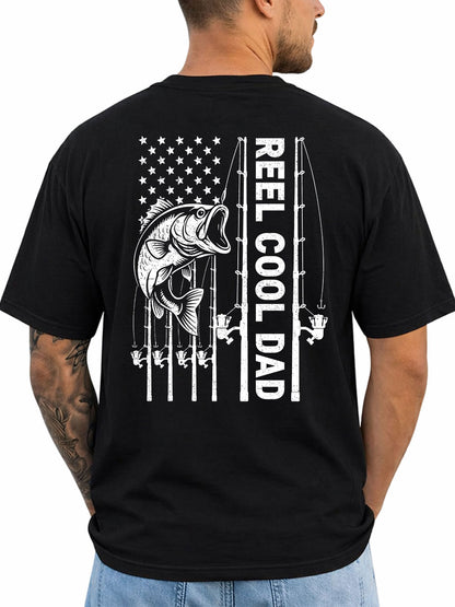 Black T-shirt back with bass, fishing rods, and flag-inspired Reel Cool Dad graphic reading 'REEL COOL DAD'