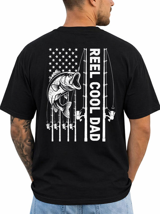 Black T-shirt back with bass, fishing rods, and flag-inspired Reel Cool Dad graphic reading 'REEL COOL DAD'