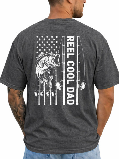 Dark Heather T-shirt back with bass, fishing rods, and flag-inspired Reel Cool Dad graphic