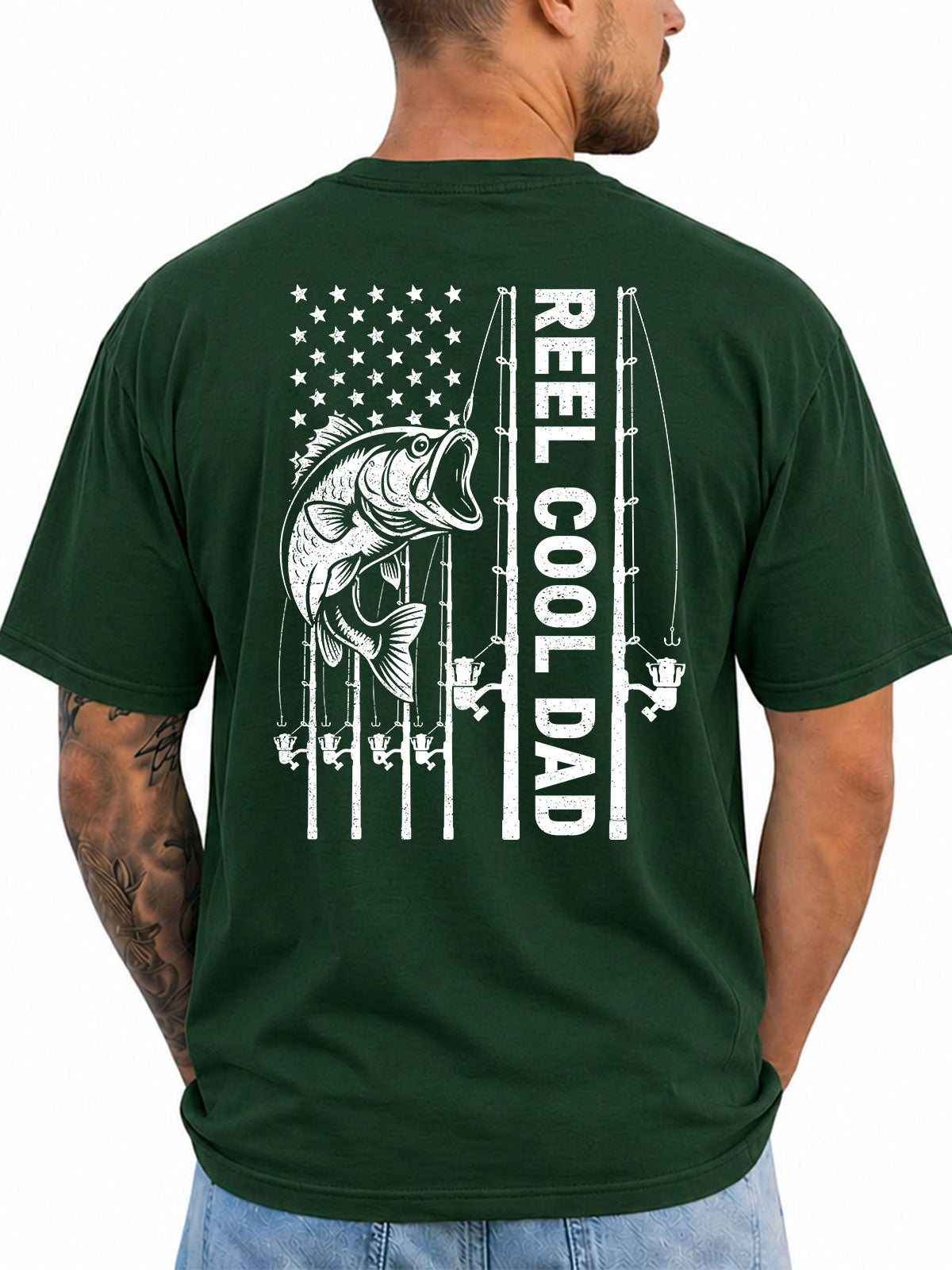 Forest Green T-shirt back with bass, fishing rods, and flag-inspired Reel Cool Dad graphic