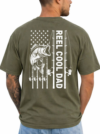 Military Green T-shirt back with bass, fishing rods, and flag-inspired Reel Cool Dad graphic