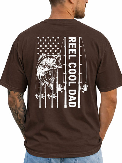 Dark Chocolate T-shirt back with bass, fishing rods, and flag-inspired Reel Cool Dad graphic