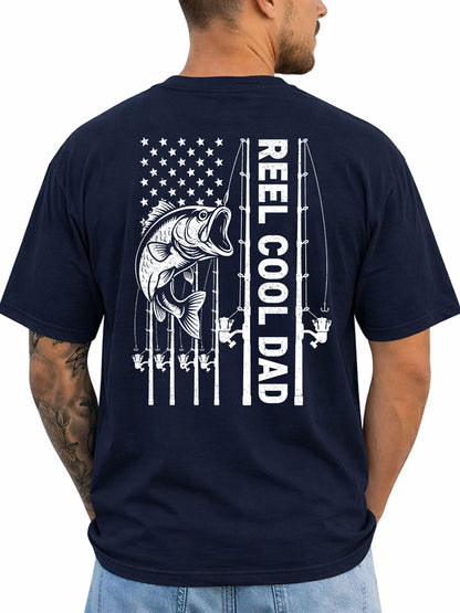 Navy T-shirt back with bass, fishing rods, and flag-inspired Reel Cool Dad graphic