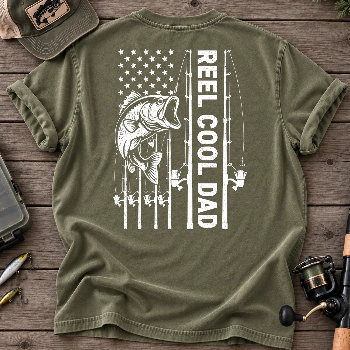 Reel Cool Dad Fishing T-Shirt in Moss