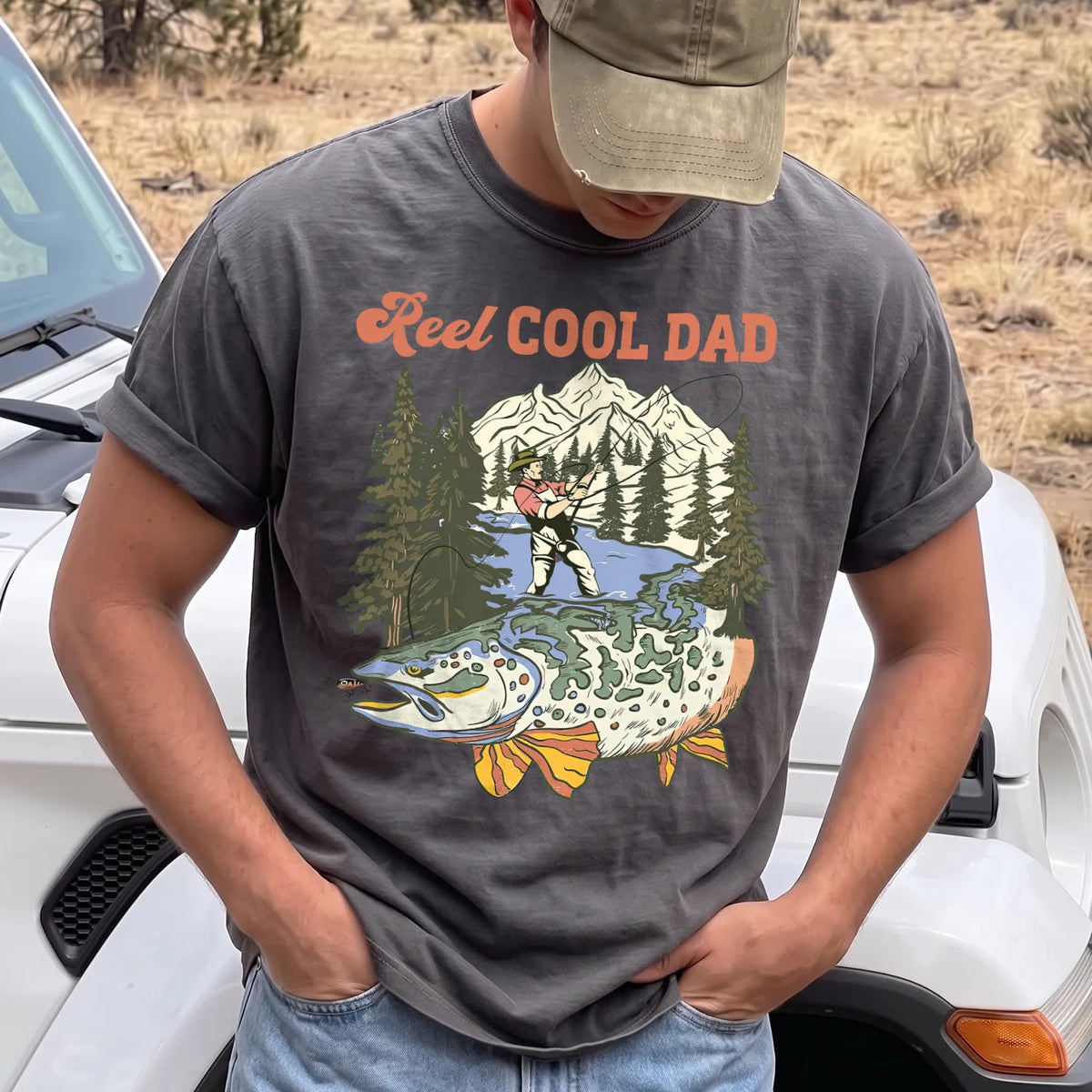 Reel Cool Dad Mountain T-Shirt Men model in Pepper