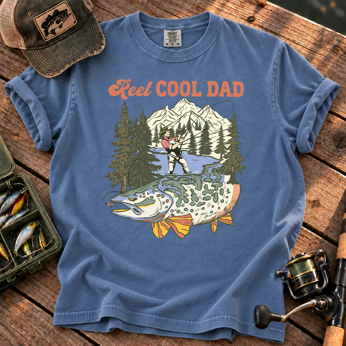 Reel Cool Dad Mountain T-Shirt in Blue Jean
