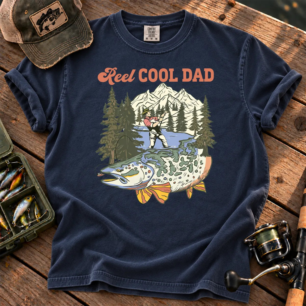Reel Cool Dad Mountain T-Shirt in True Navy