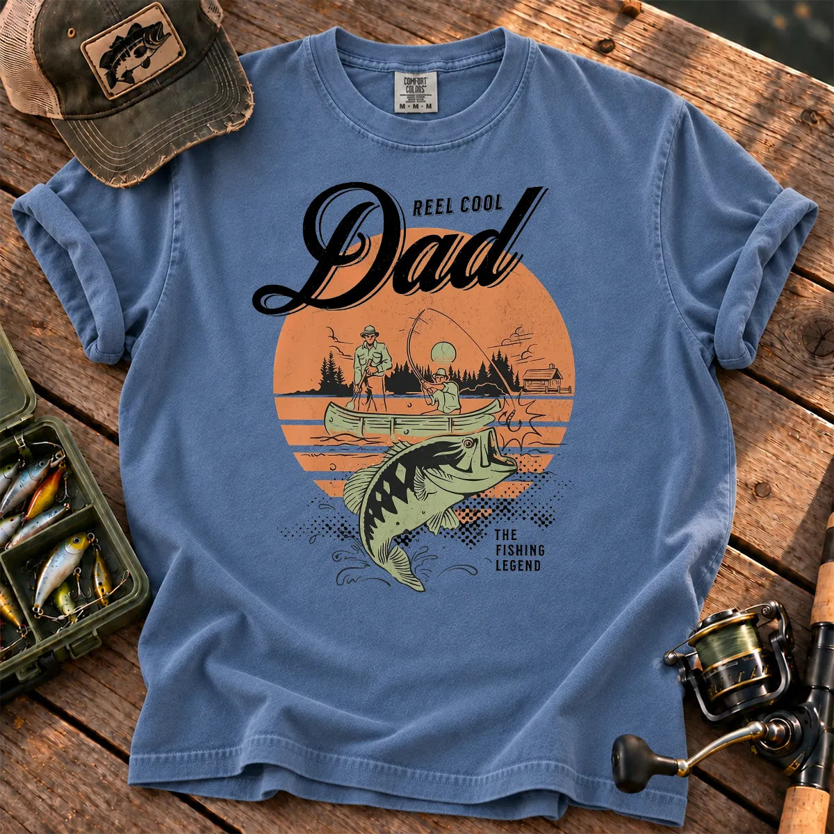 Reel Cool Dad Sunset T-Shirt in Blue Jean