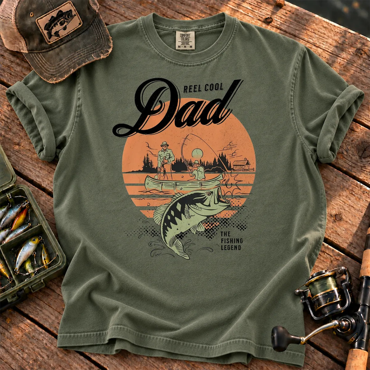 Reel Cool Dad Sunset T-Shirt in Moss