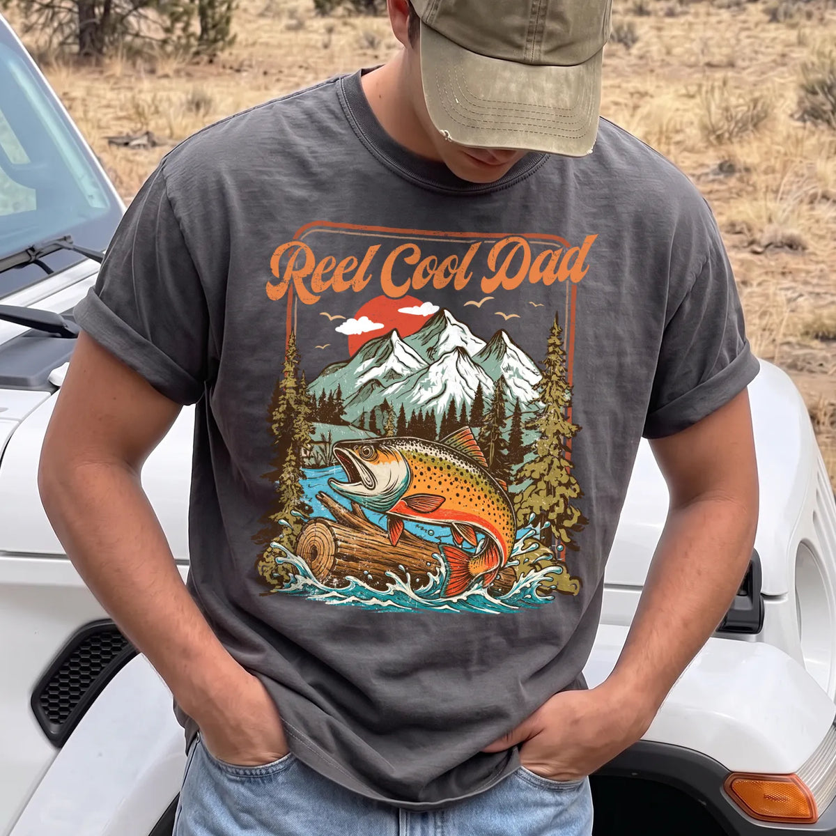Reel Cool Dad Trout T-Shirt Men model in Pepper
