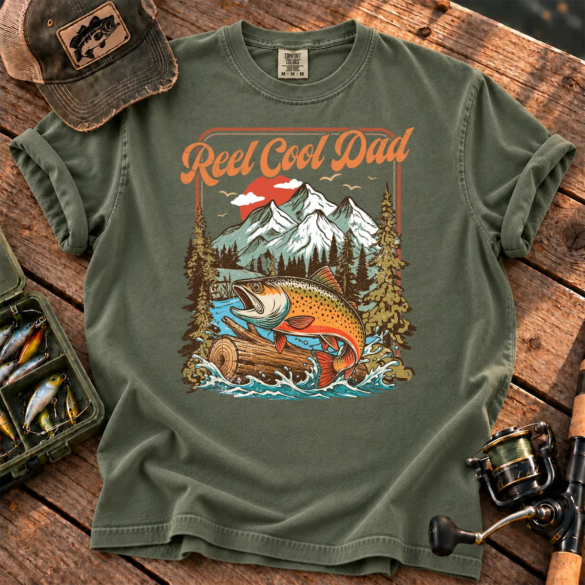 Reel Cool Dad Trout T-Shirt in Moss