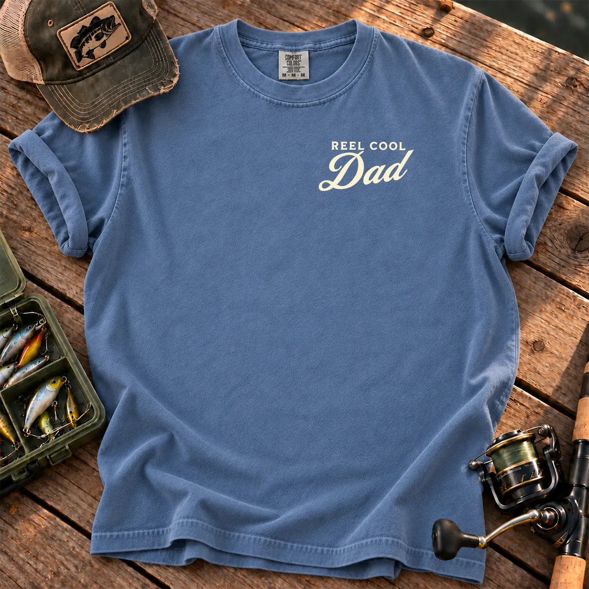 Reel Cool Dad White Chest T-Shirt in Blue Jean