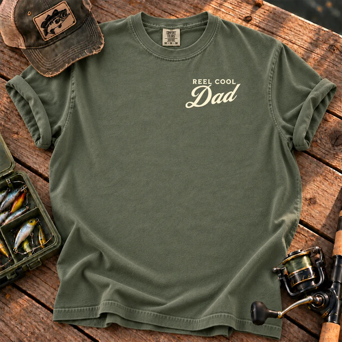 Reel Cool Dad White Chest T-Shirt in Moss
