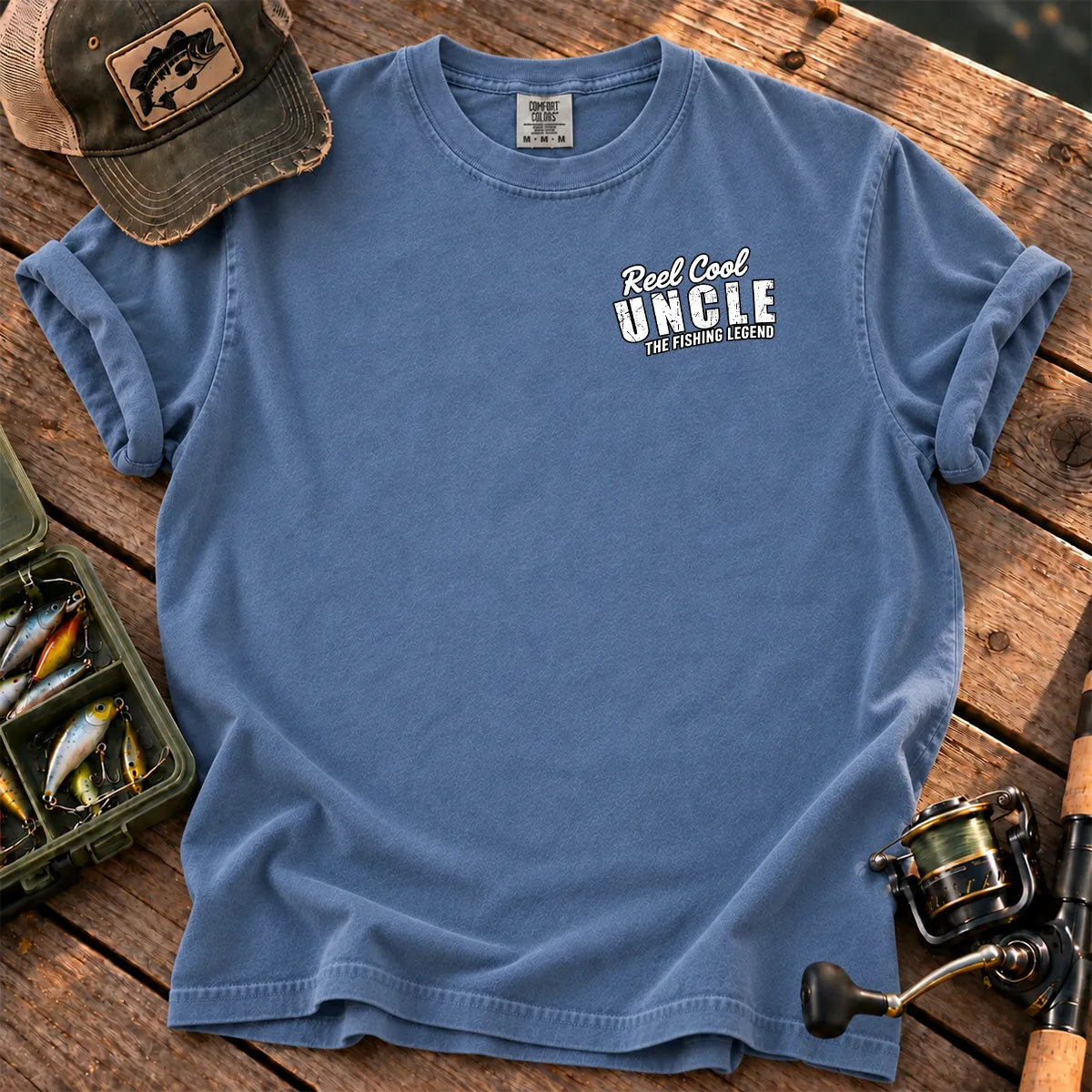 Reel Cool Uncle Chest T-Shirt in Blue Jean