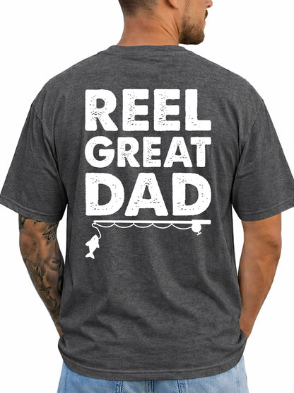 Dark Heather T-shirt back with bold Reel Great Dad text with rod and fish silhouette