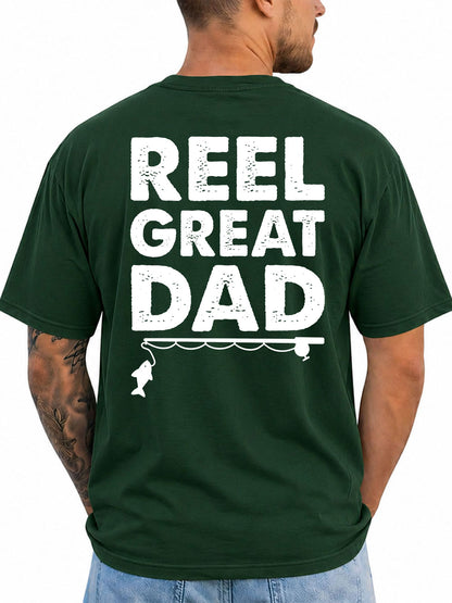Forest Green T-shirt back with bold Reel Great Dad text with rod and fish silhouette