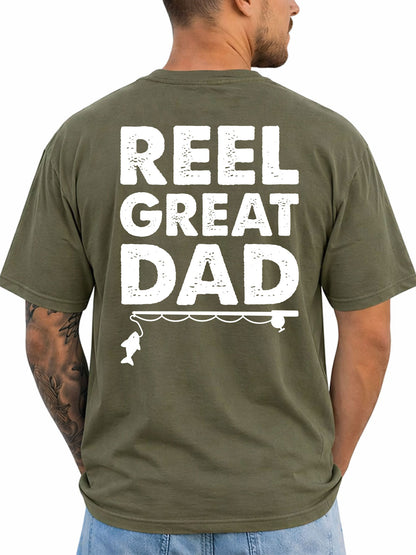 Military Green T-shirt back with bold Reel Great Dad text with rod and fish silhouette