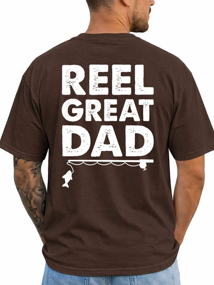 Dark Chocolate T-shirt back with bold Reel Great Dad text with rod and fish silhouette