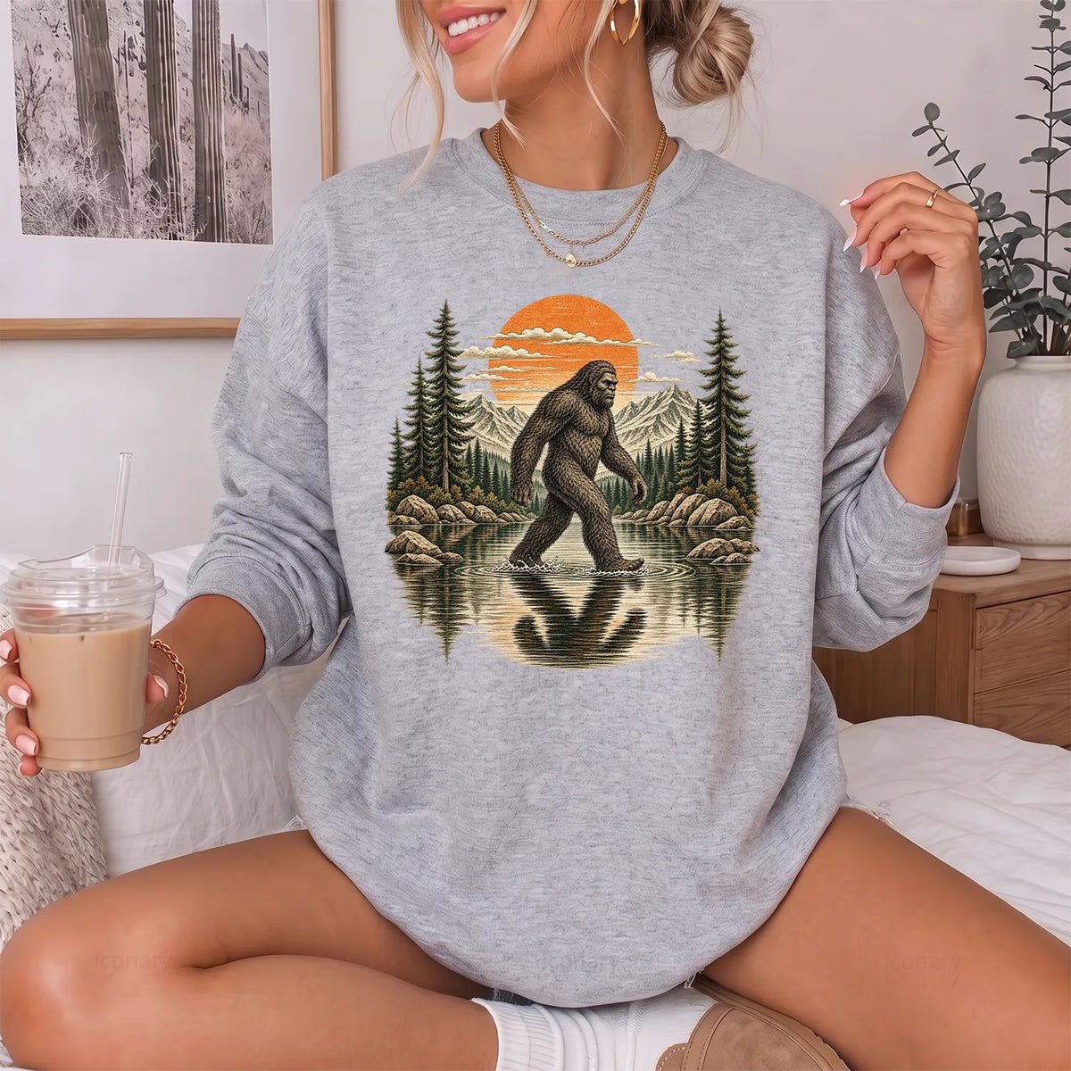 Retro Bigfoot Forest Sweatshirt Women model in Sport Grey