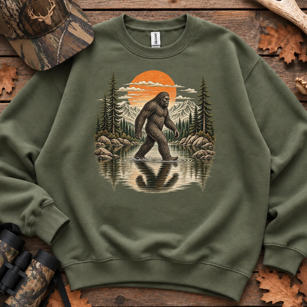 Retro Bigfoot Forest Sweatshirt in Military Green