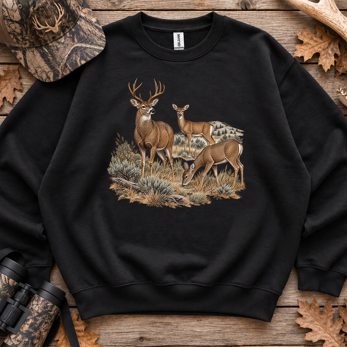 Retro Buck and Doe Mule Deer Sweatshirt in Black