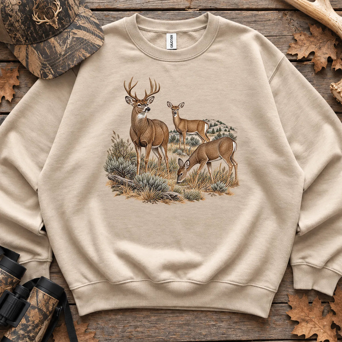 Retro Buck and Doe Mule Deer Sweatshirt in Sand