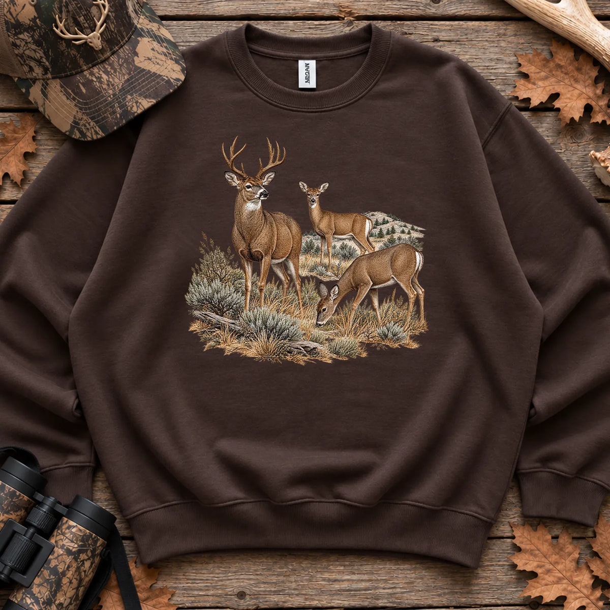 Retro Buck and Doe Mule Deer Sweatshirt in Dark Chocolate