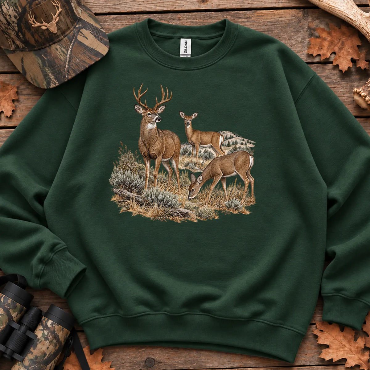 Retro Buck and Doe Mule Deer Sweatshirt in Forest Green