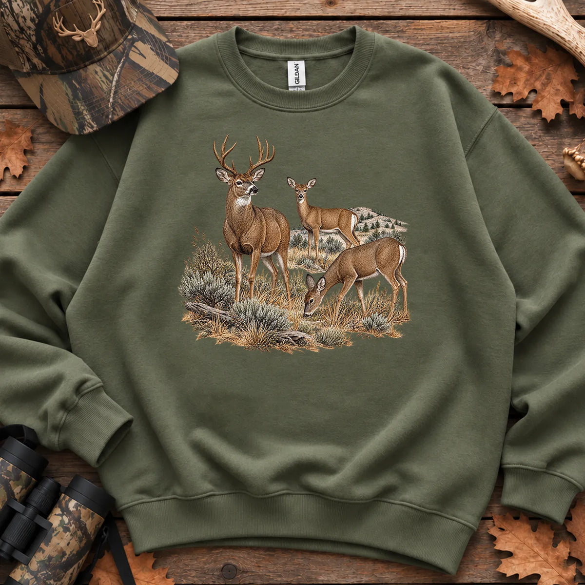 Retro Buck and Doe Mule Deer Sweatshirt in Military Green