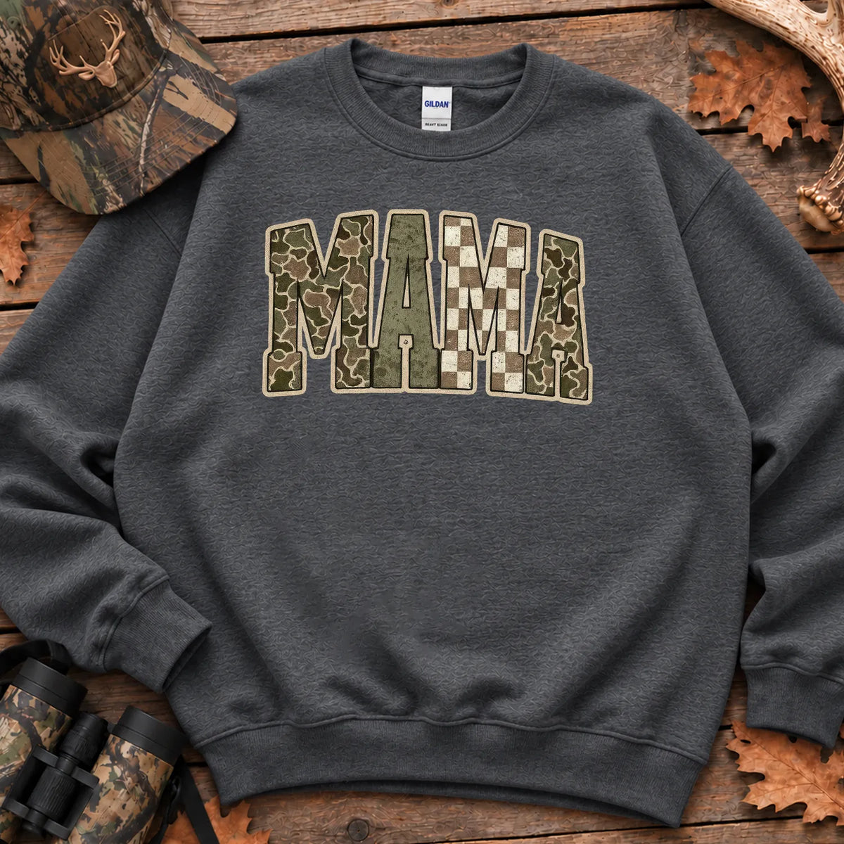 Retro Camo Hunting Mama Sweatshirt in Dark Heather