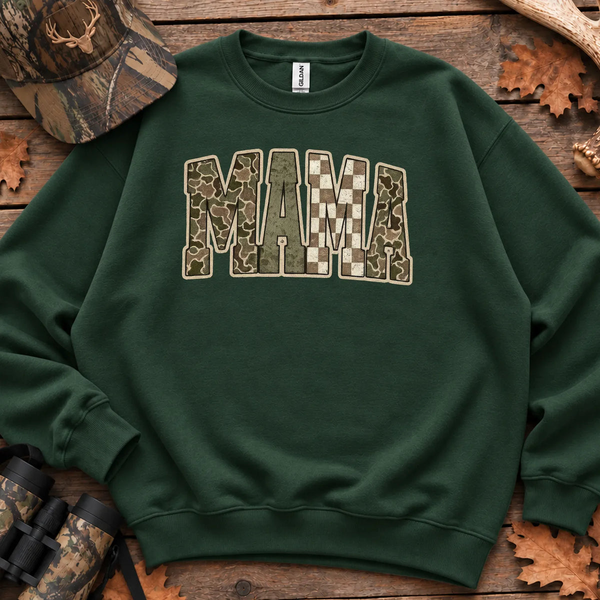 Retro Camo Hunting Mama Sweatshirt in Forest Green