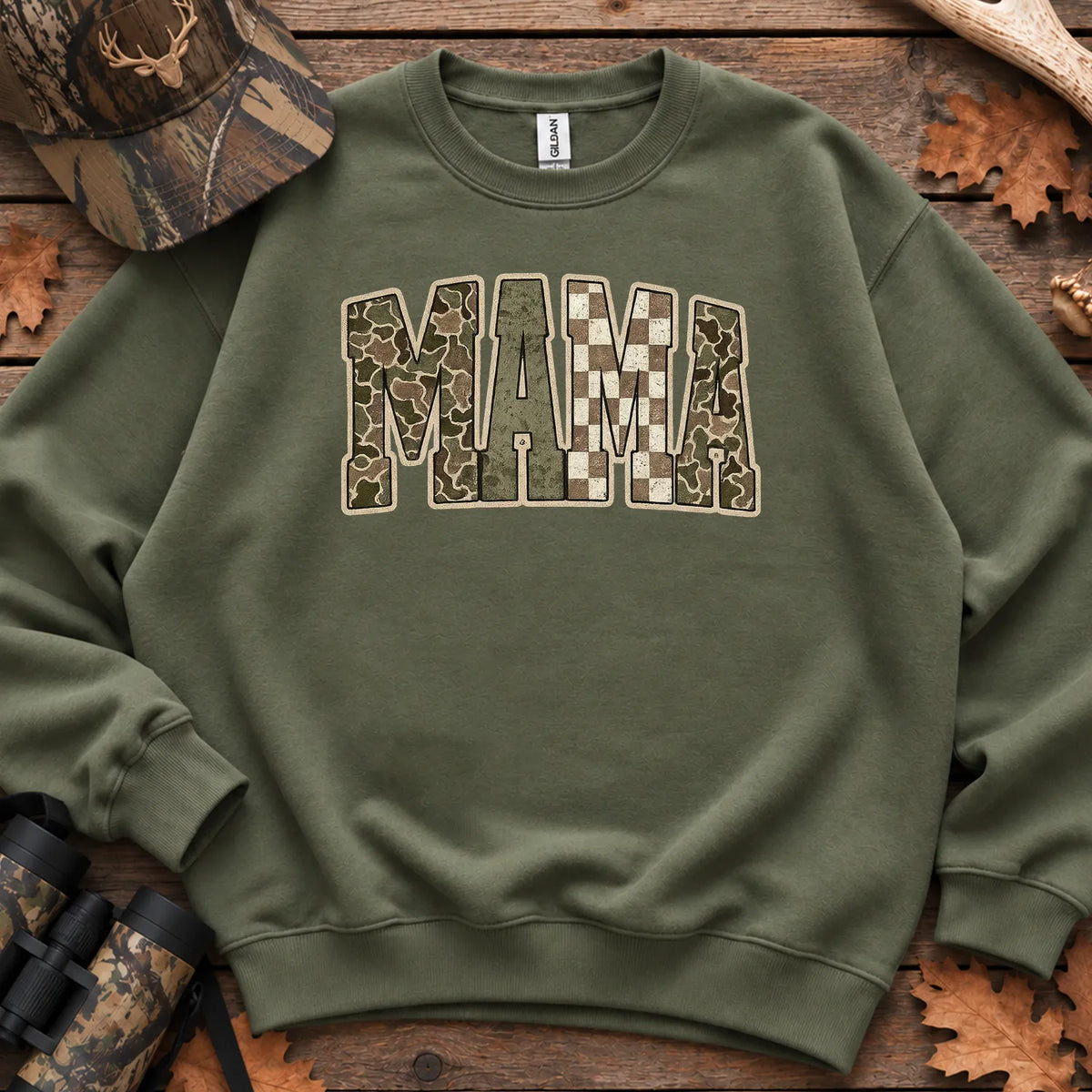 Retro Camo Hunting Mama Sweatshirt in Military Green