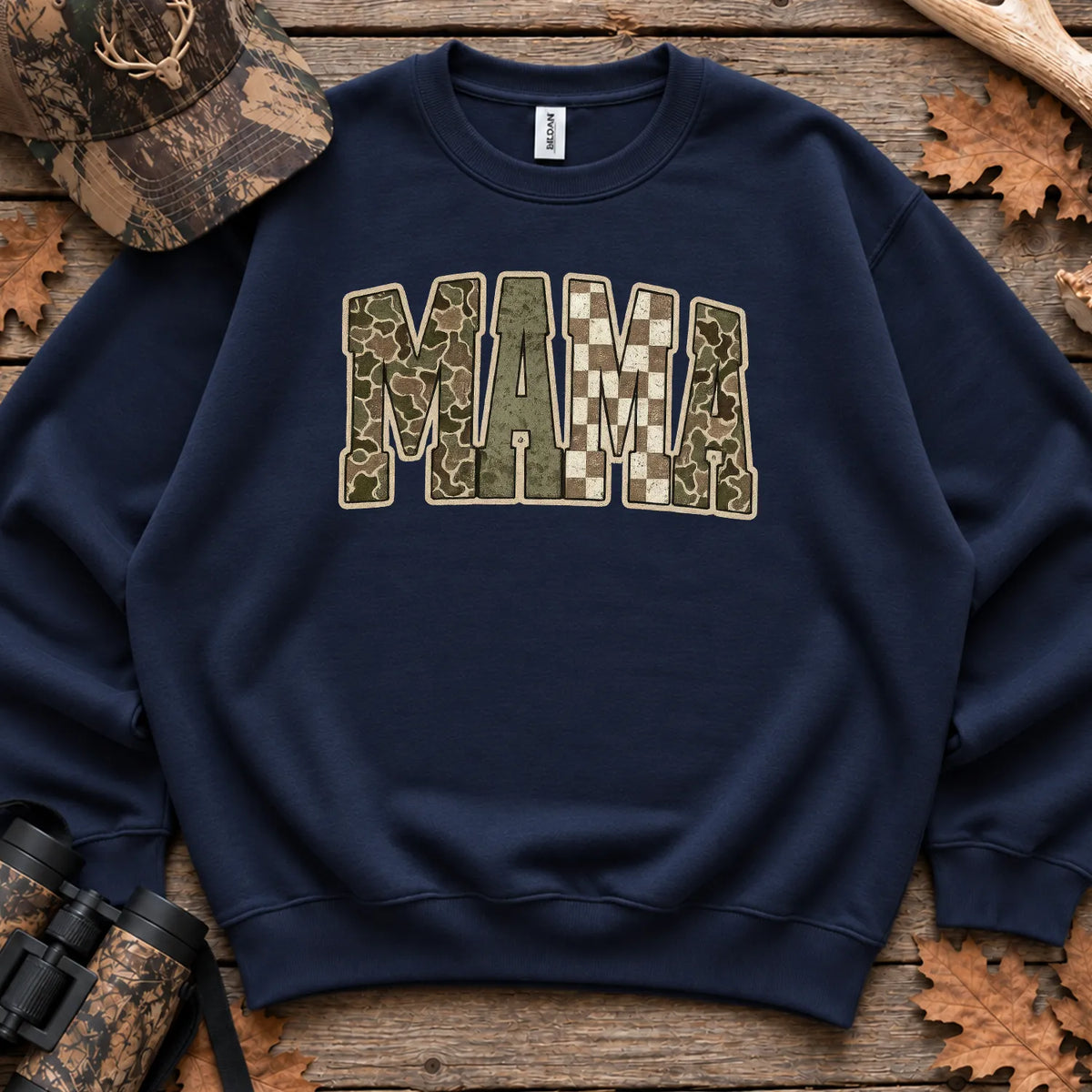 Retro Camo Hunting Mama Sweatshirt in Navy