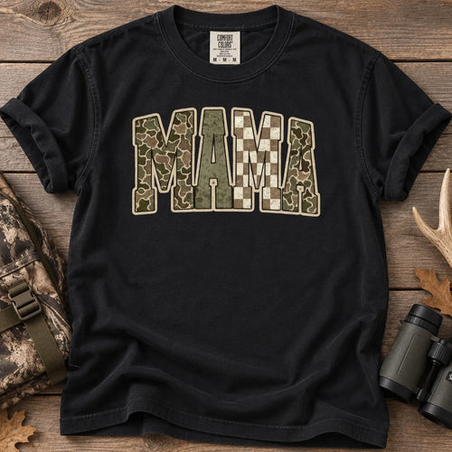 Retro Camo Hunting Mama T-Shirt in Black