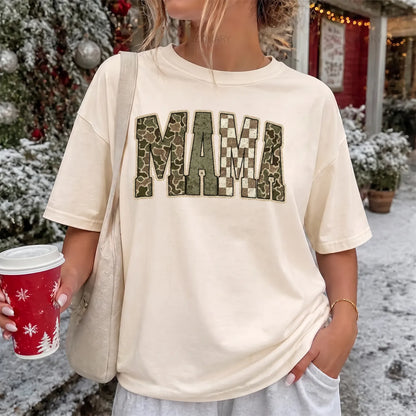 Retro Camo Hunting Mama T-Shirt Women model in Ivory