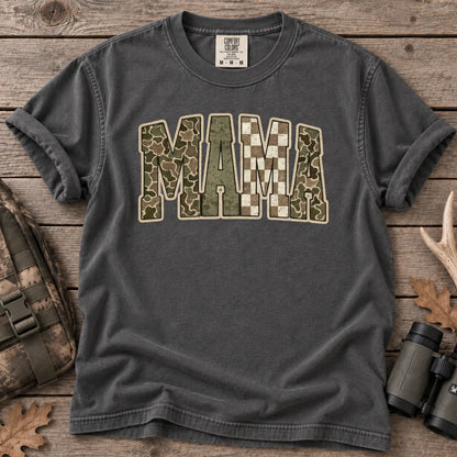 Retro Camo Hunting Mama T-Shirt in Pepper